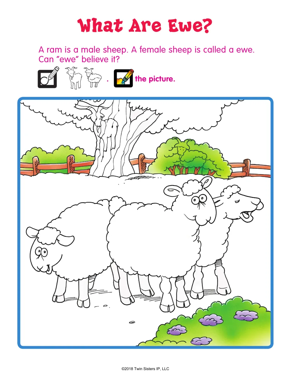 What Are Ewe?: students circle a hidden ram and ewe in a pasture scene with three sheep, then color the picture