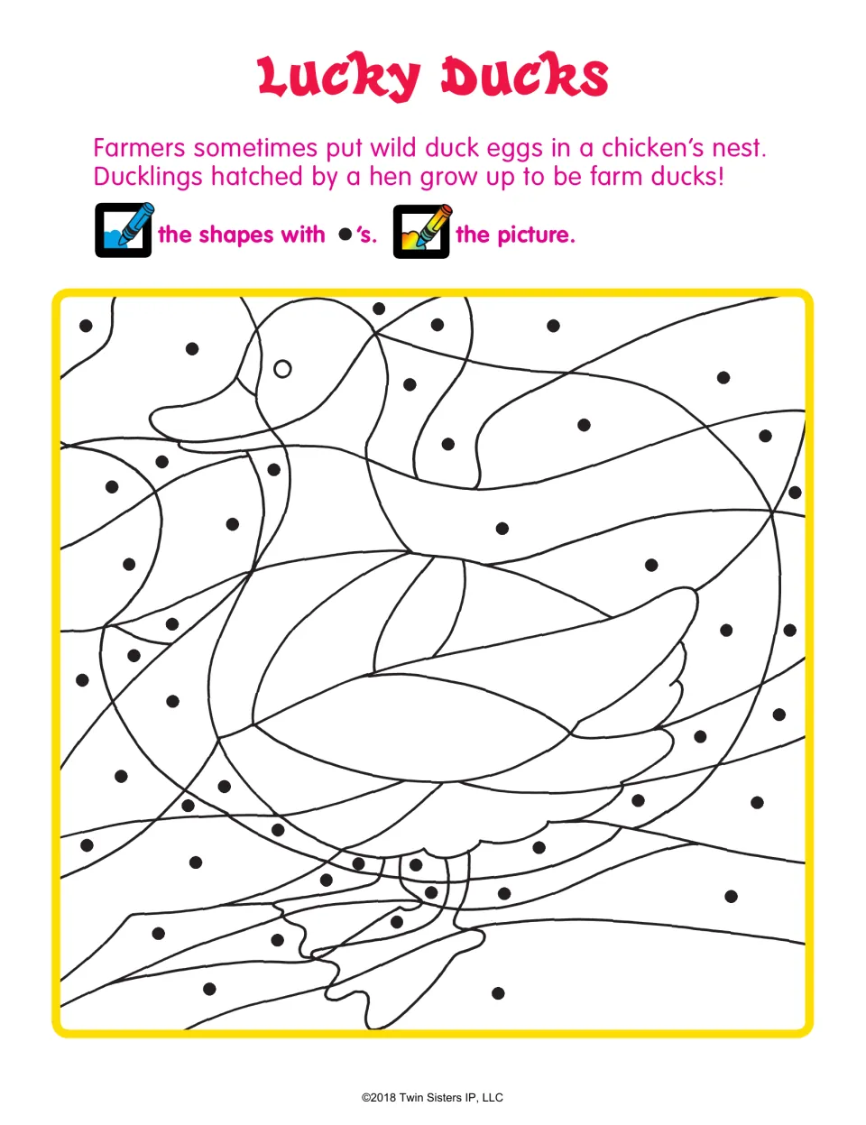 Lucky Ducks: students color only the shapes that contain dots to reveal a hidden duck, then color the whole picture