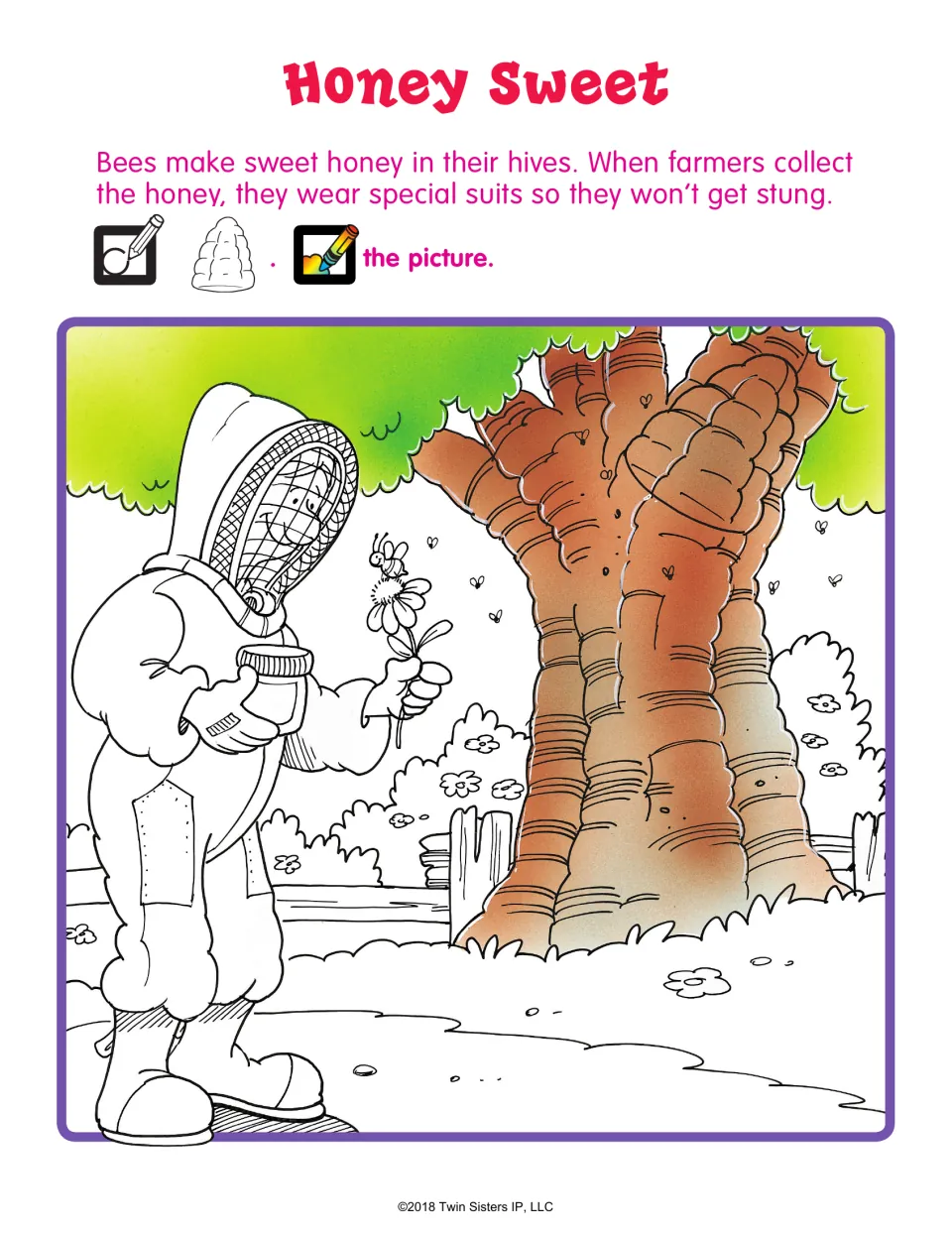 Honey Sweet hidden picture: students find a beehive shape hidden in a tree beside a beekeeper in a suit, then color it