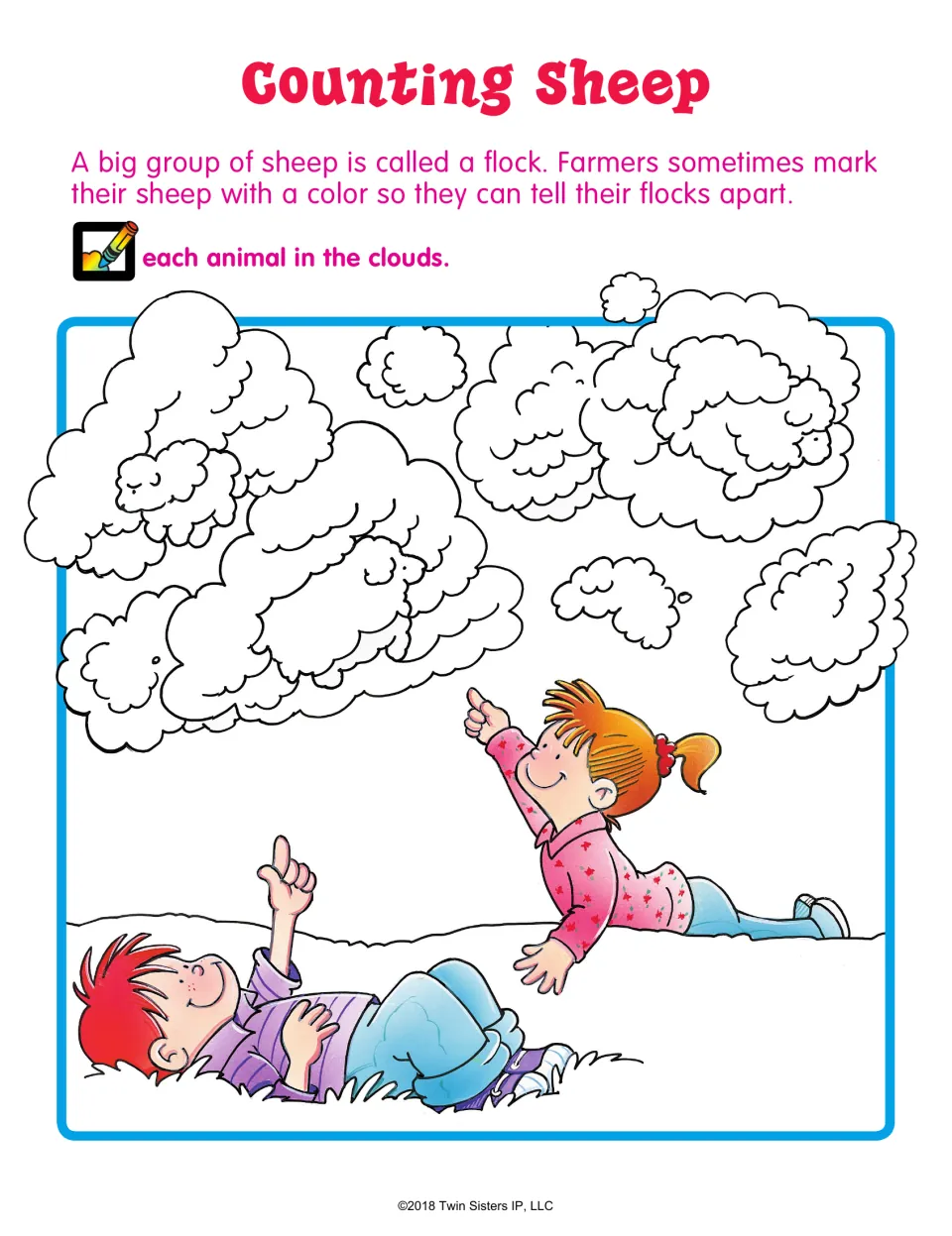 Counting Sheep: two children lie in the grass pointing at clouds; students color each animal shape hidden in the clouds