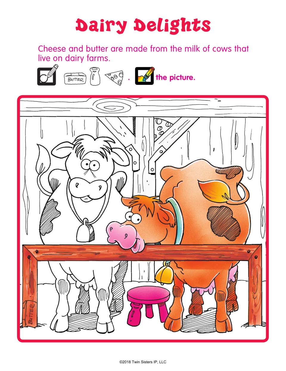 Dairy Delights hidden picture: students circle butter, a milk bottle and cheese hidden in a barn with two cows, then color