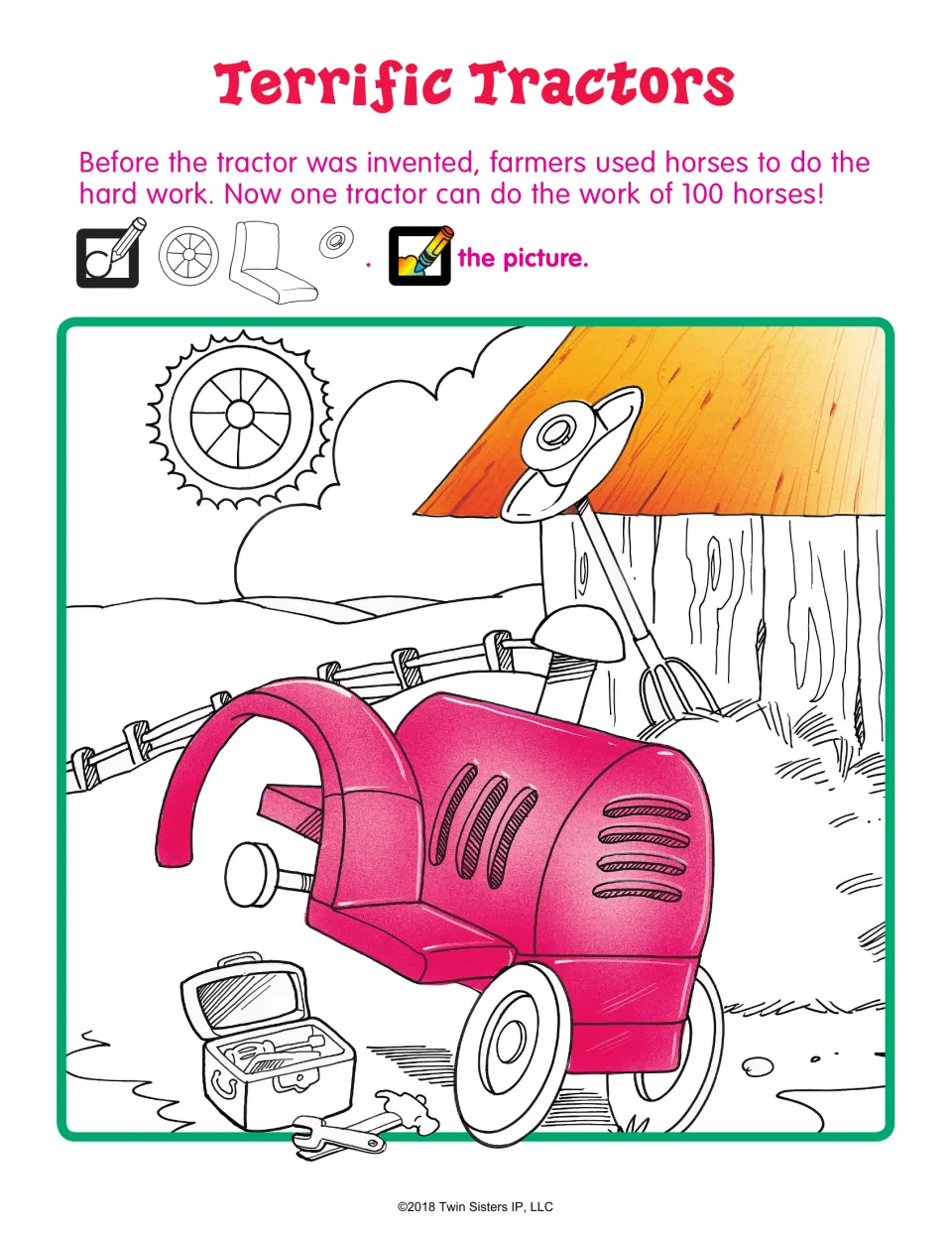Terrific Tractors hidden picture: students find a wheel, a tractor seat and a hubcap hidden in a farm scene, then color