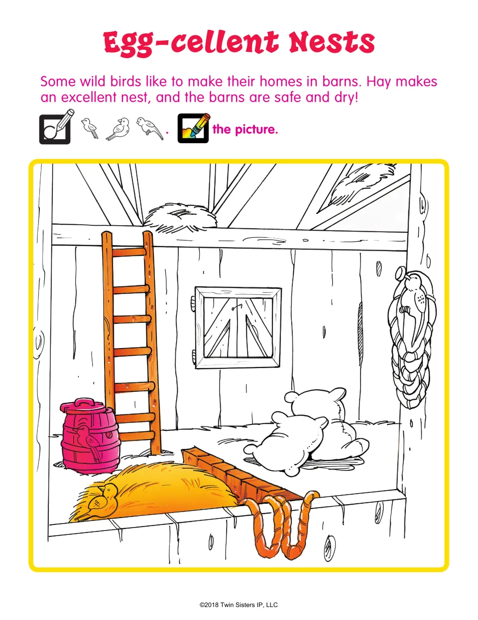 Egg-cellent Nests hidden picture: students circle 3 birds hidden around a hayloft with a ladder and barrel, then color