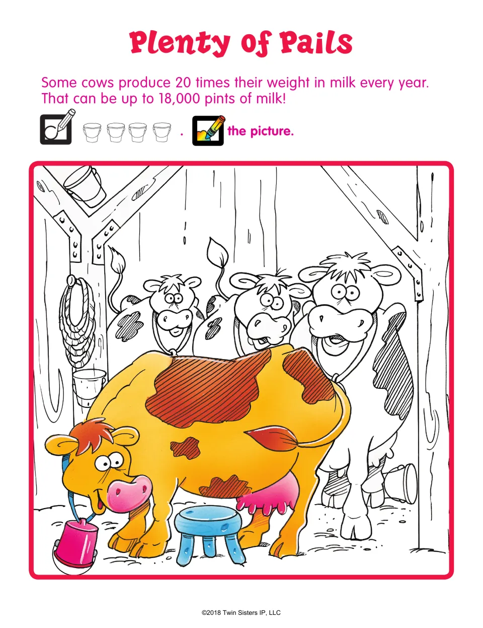 Plenty of Pails hidden picture: students find 4 milk pails hidden in a barn full of cows, circle them, then color the scene
