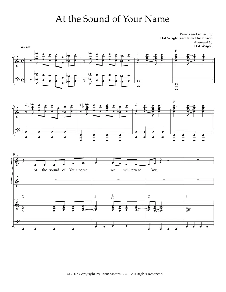 At the Sound of Your Name, bars 1-12: piano intro on C and F chords, then the first vocal line, "we will praise You"