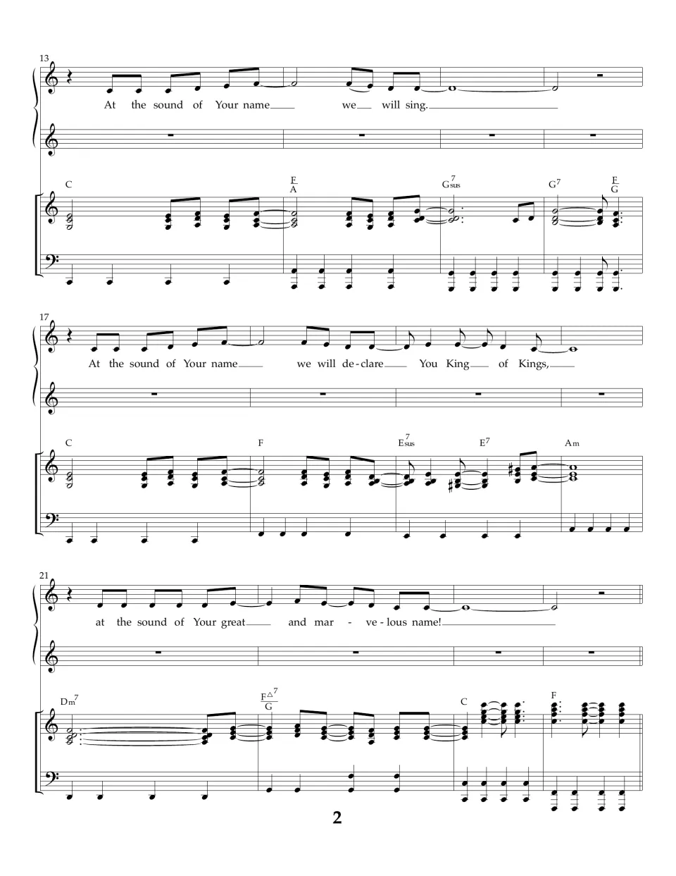 Bars 13-24 for voice and piano: lyric lines end "we will sing", "You King of Kings" and "great and marvelous name"