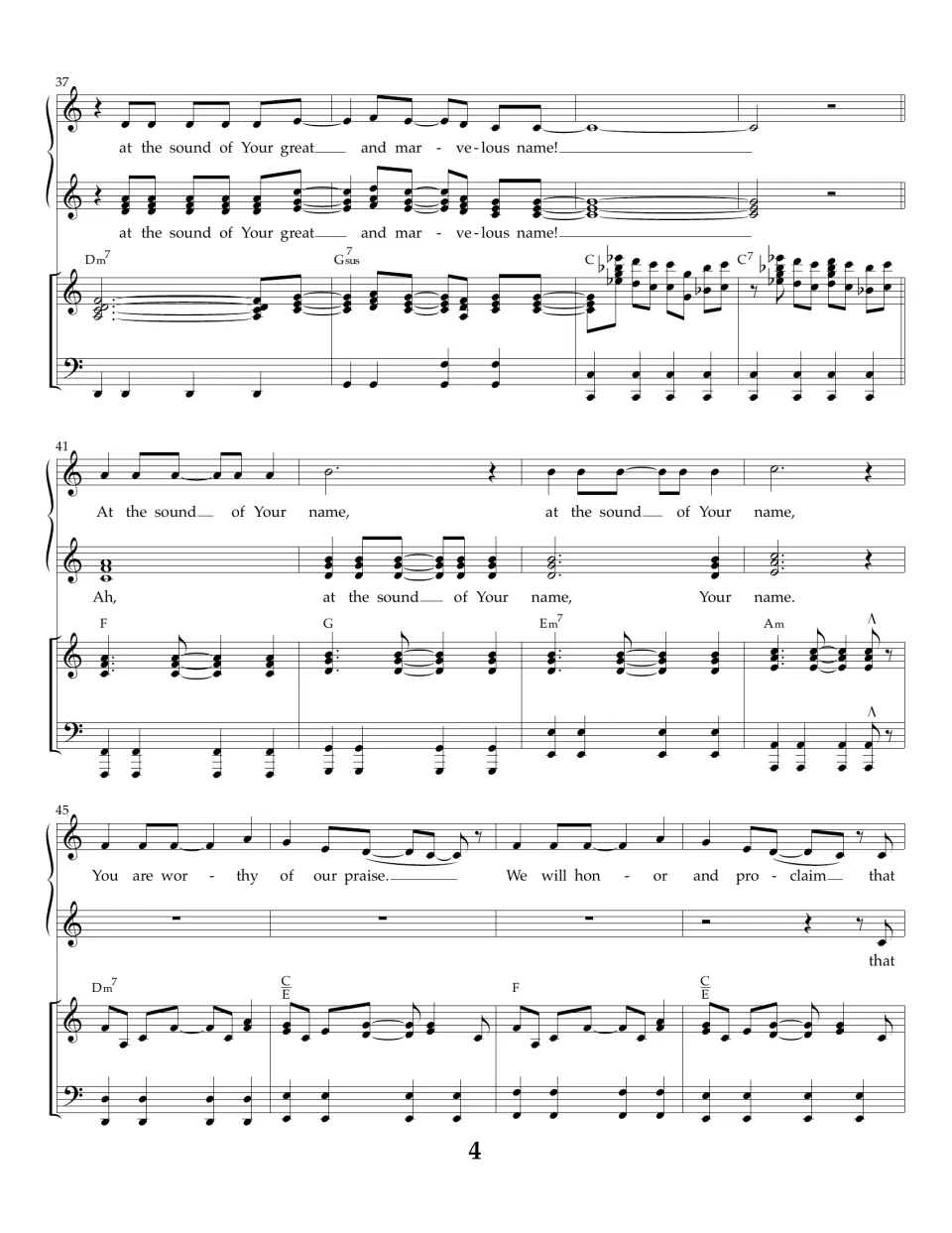 Bars 37-48: two vocal parts sing "great and marvelous name", an "Ah" passage, then "You are worthy of our praise"