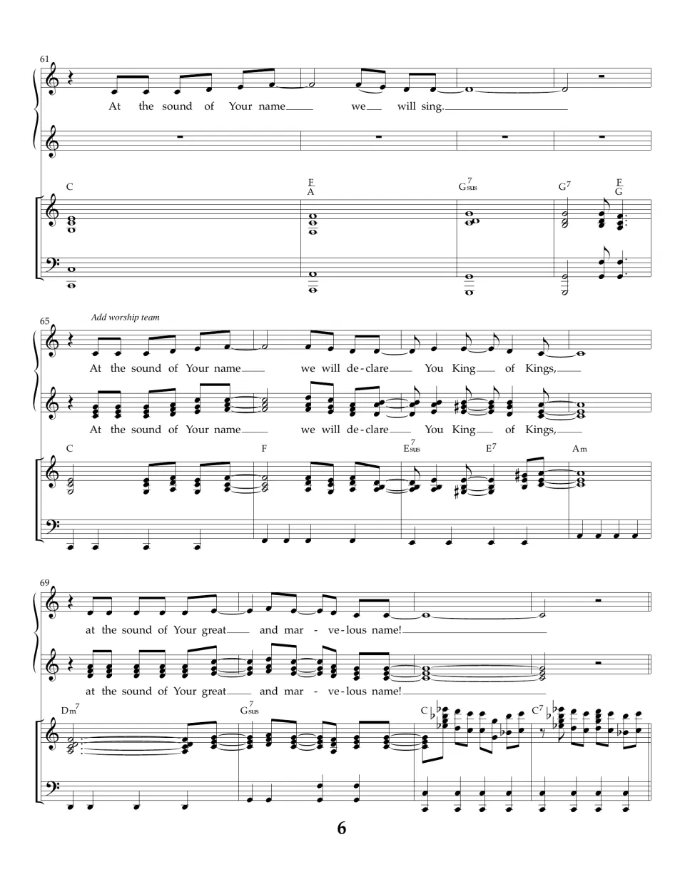 Bars 61-72 return to "we will sing", with the worship team rejoining on "King of Kings" and "great and marvelous name"
