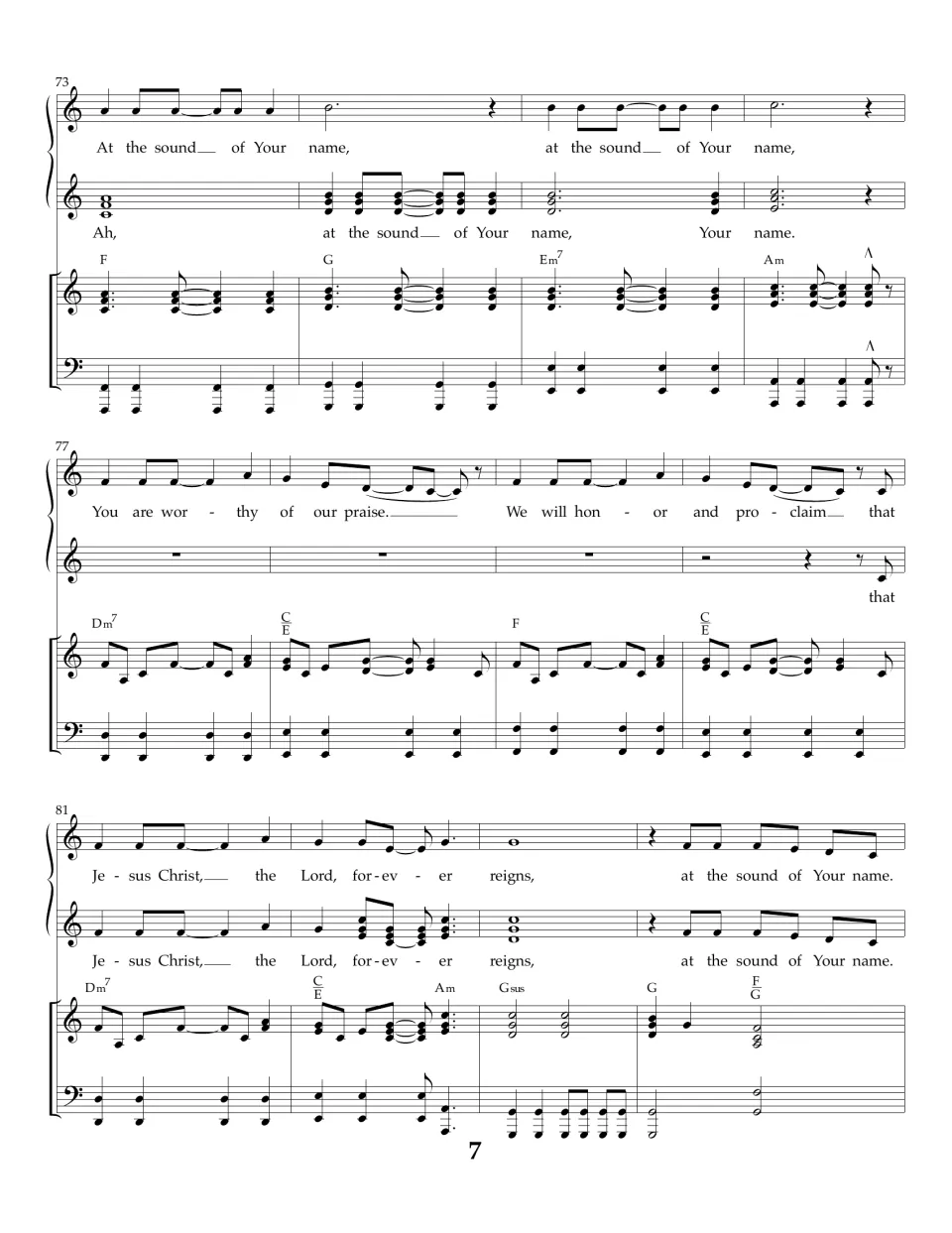 Bars 73-84 repeat the "Ah" passage, "You are worthy of our praise" and "Jesus Christ, the Lord, forever reigns"
