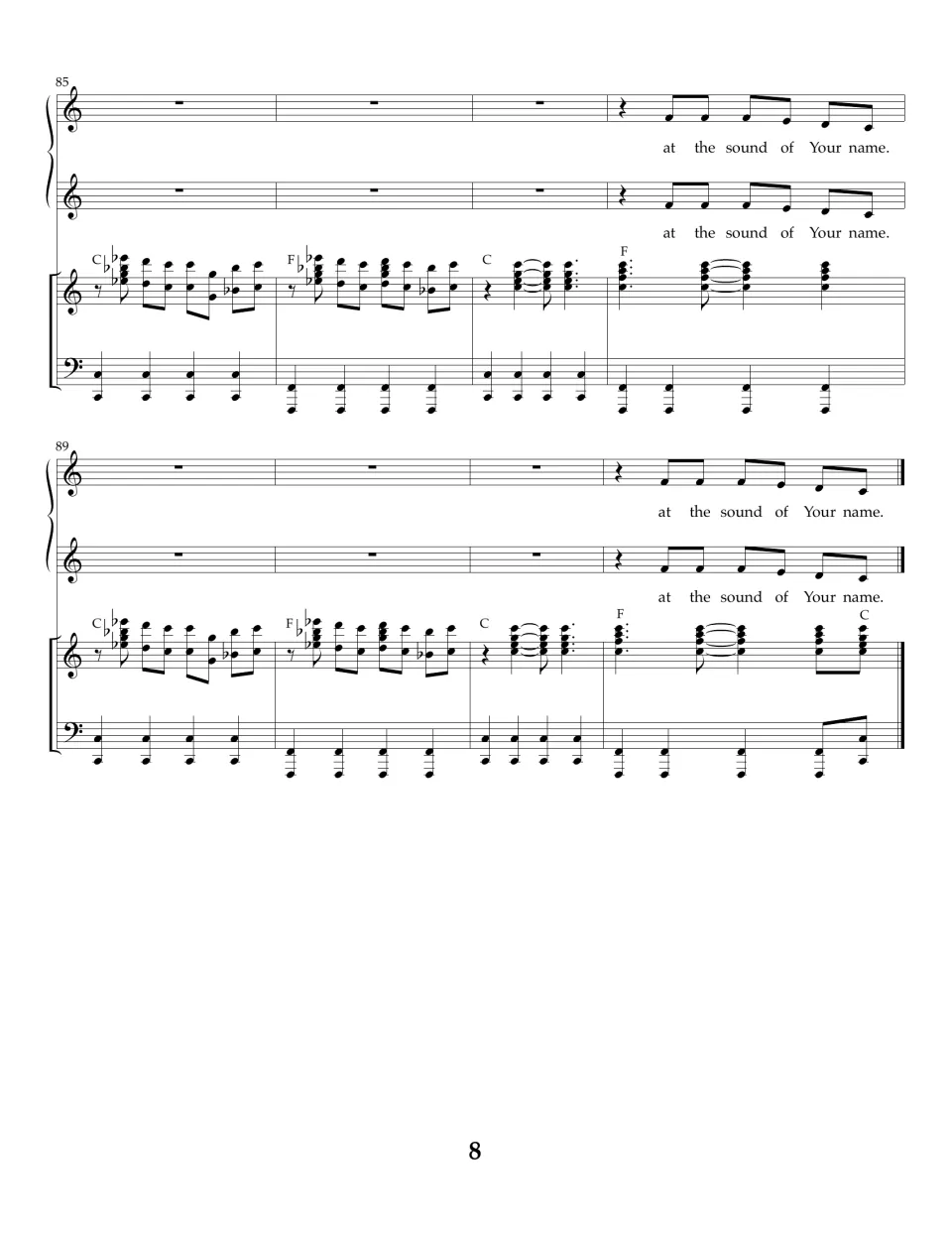Bars 85-92 ending: piano riff on C and F chords while both vocal parts sing the closing name phrase twice