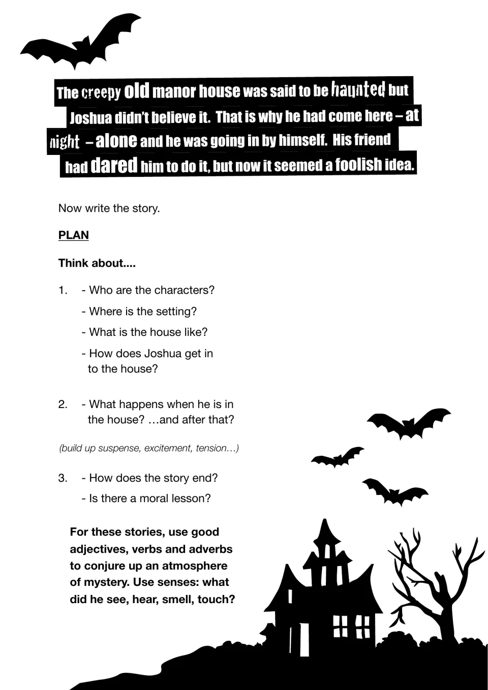 Haunted manor story starter about Joshua's dare, with plan prompts on characters, setting, events and the ending