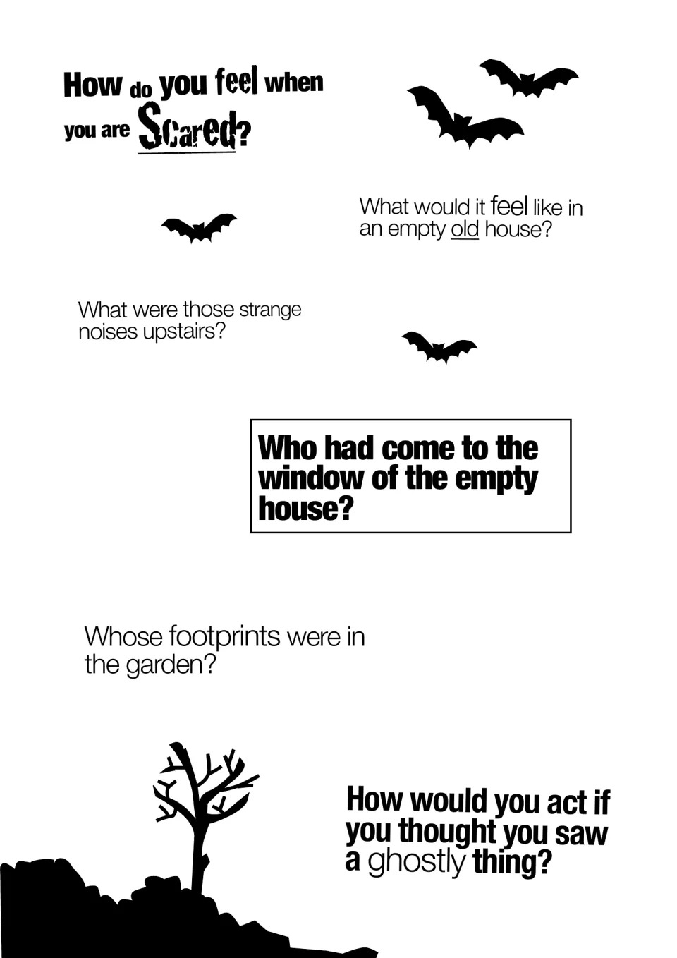 Spooky question prompts: how it feels to be scared, strange noises upstairs, footprints in the garden, a ghostly thing