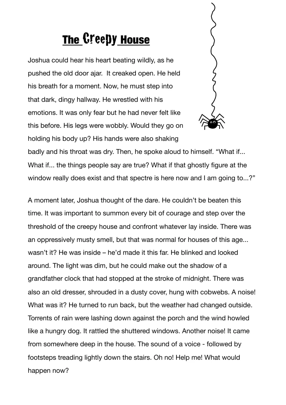 The Creepy House: model story of Joshua entering a dark house, a clock stopped at midnight and footsteps on the stairs