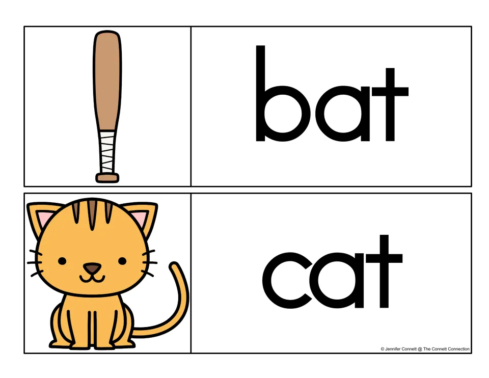 -at family picture cards: students read bat and cat, shown with a taped baseball club and an orange kitten