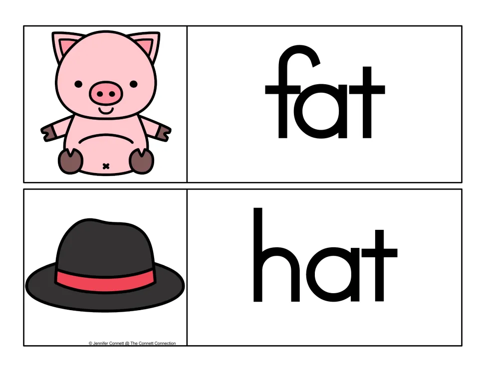 Short a rhyming cards: students read fat beside a round pink pig and hat next to a black fedora with a red band