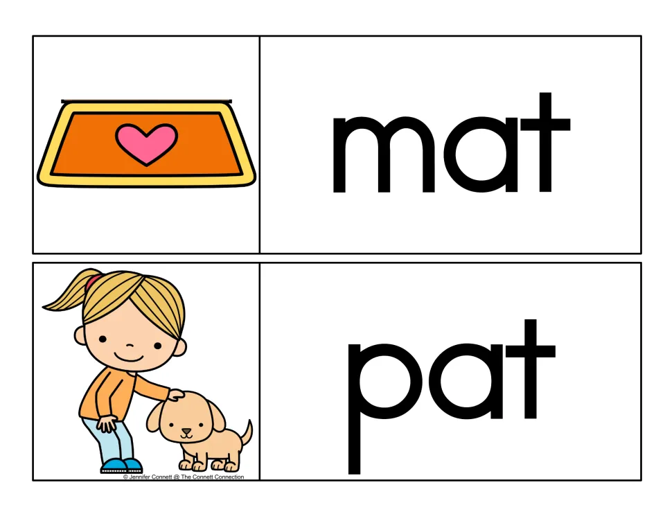 CVC -at cards: students read mat, pictured as an orange heart rug, and pat, where a girl strokes a puppy's head