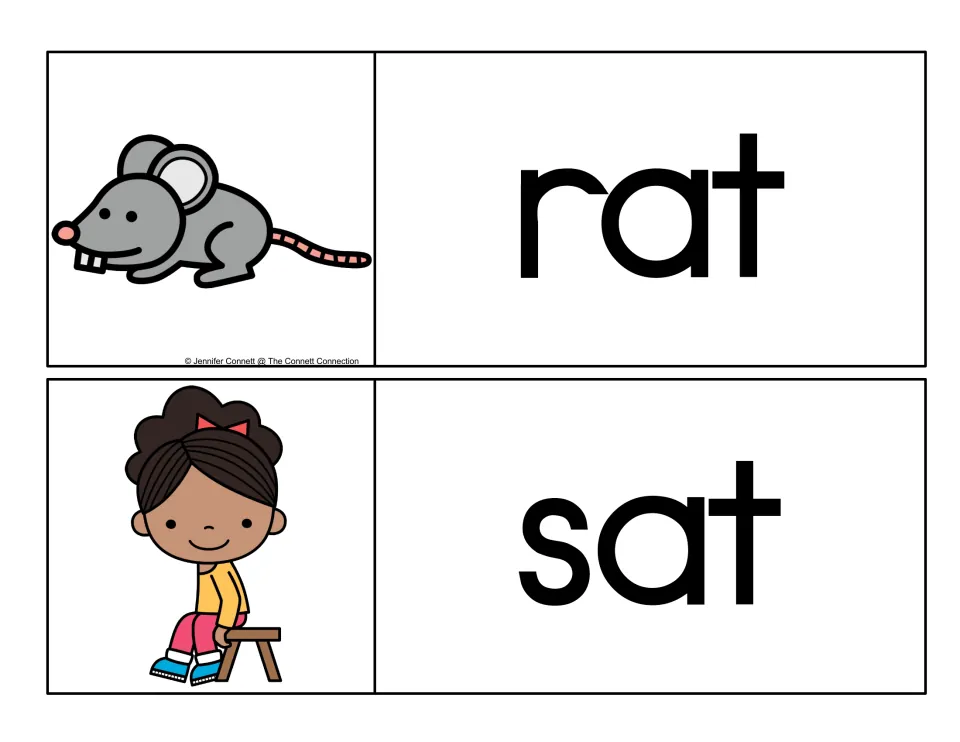Onset-rime picture cards: students read rat with a grey rodent drawing and sat with a smiling girl perched on a stool