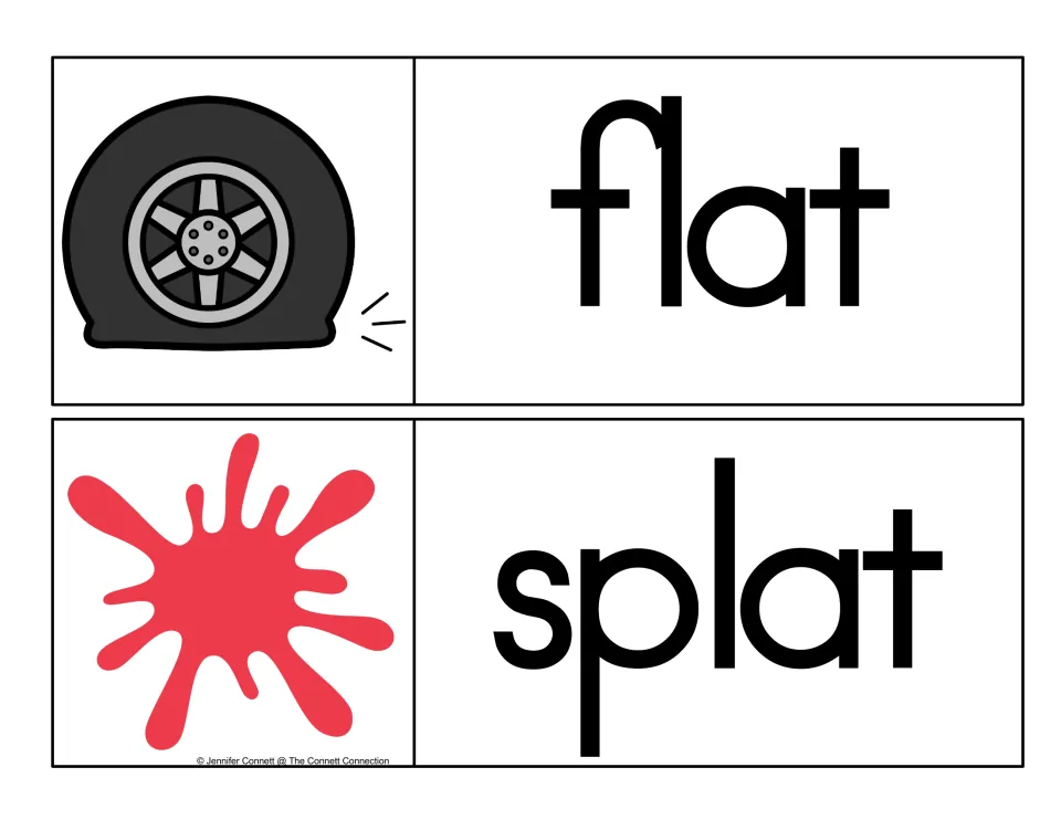Consonant blend -at cards: students read flat beside a deflated car tire and splat next to a red paint burst