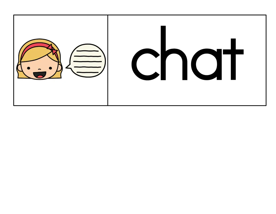 Digraph ch card: students read chat, pictured as a smiling girl with a speech bubble; one card fills this page