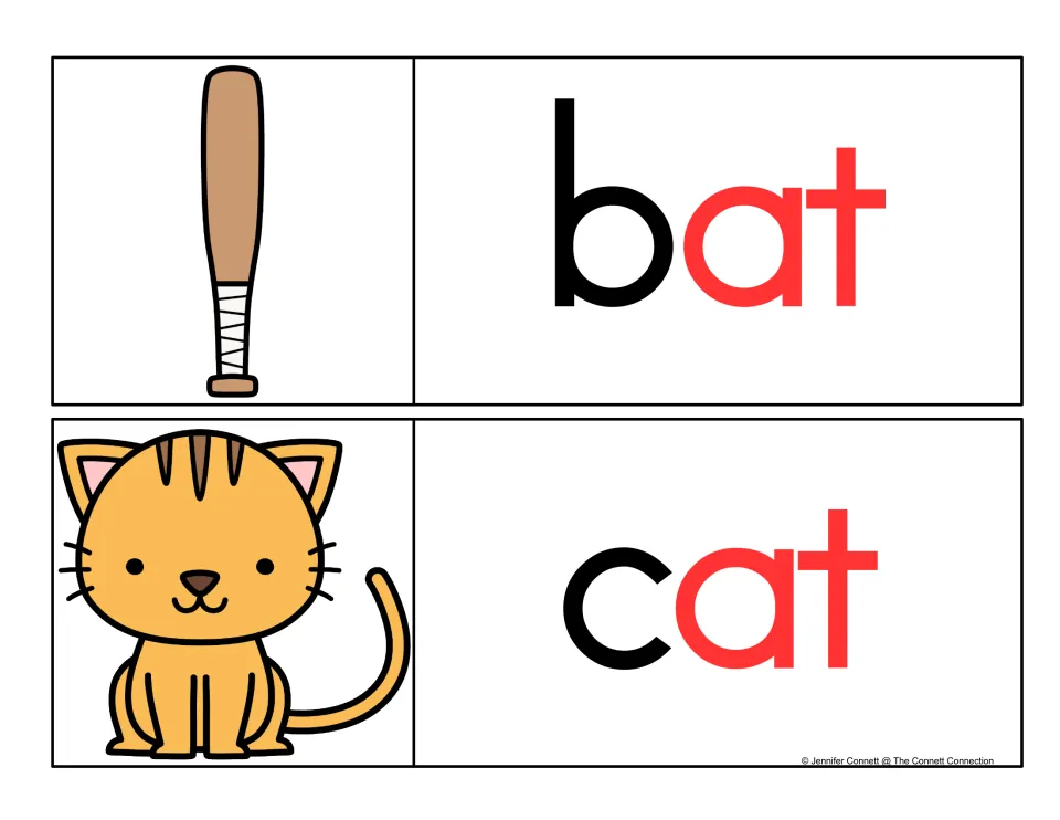 Rime-highlight cards: bat and cat print the shared ending in red so students spot the pattern beside each picture