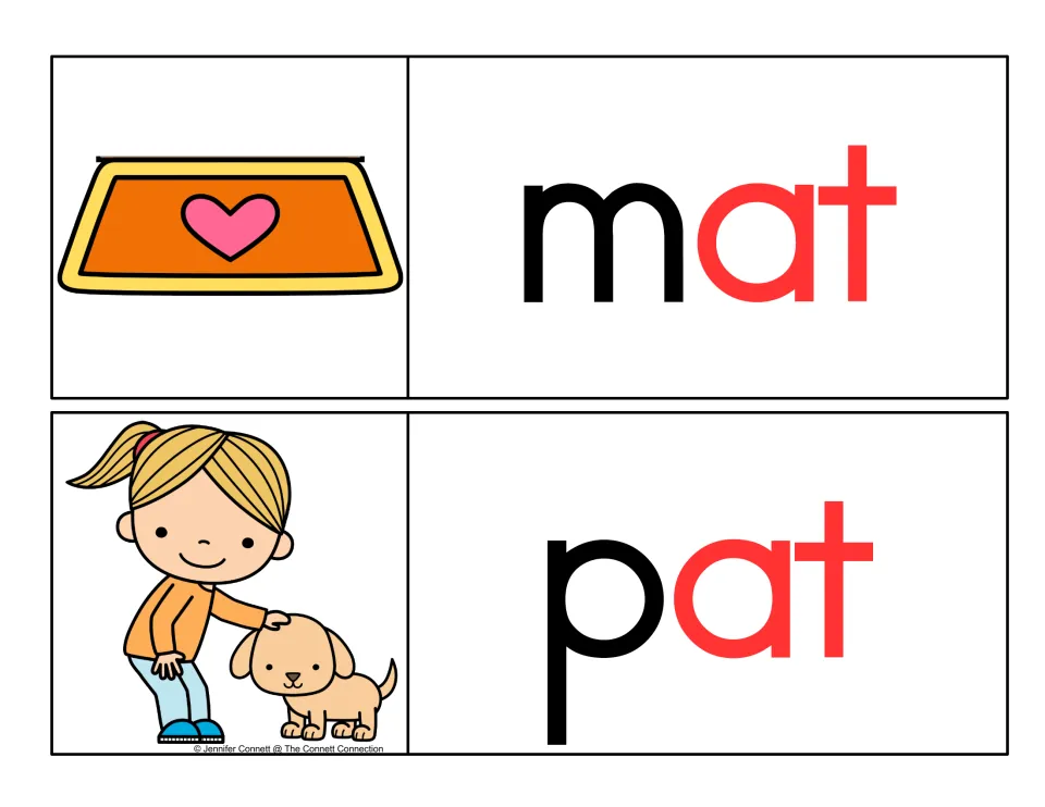 Onset swap cards: mat and pat show m and p in black and the ending in red, beside a heart rug and a girl with a puppy