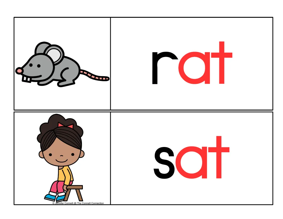 Two-colour phonics cards: students read rat and sat, first letters black and rime red, next to a grey rodent and seated girl