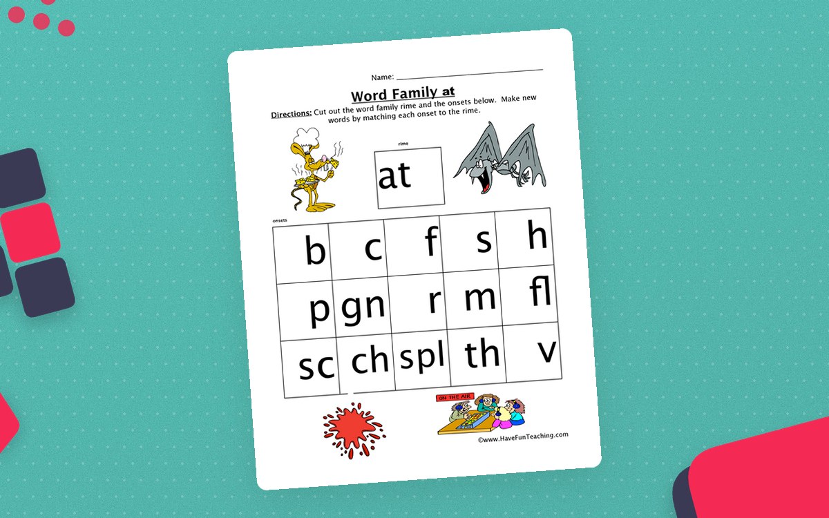 AT Word Family Worksheet preview: Cut-apart onset and -at rime cards