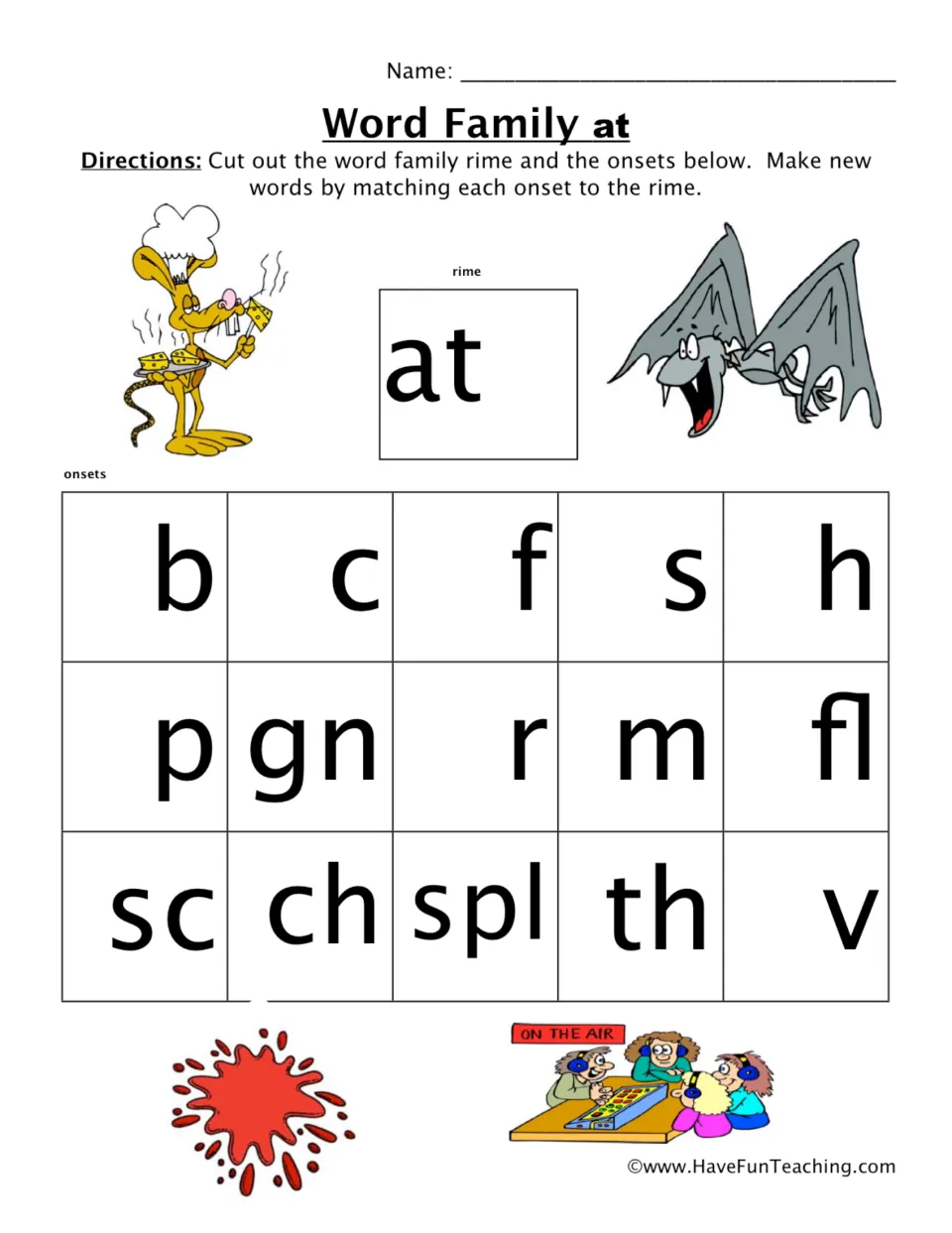 Word family at: students cut out the at rime and 15 onset cards, then match onsets like b, ch and spl to build new words