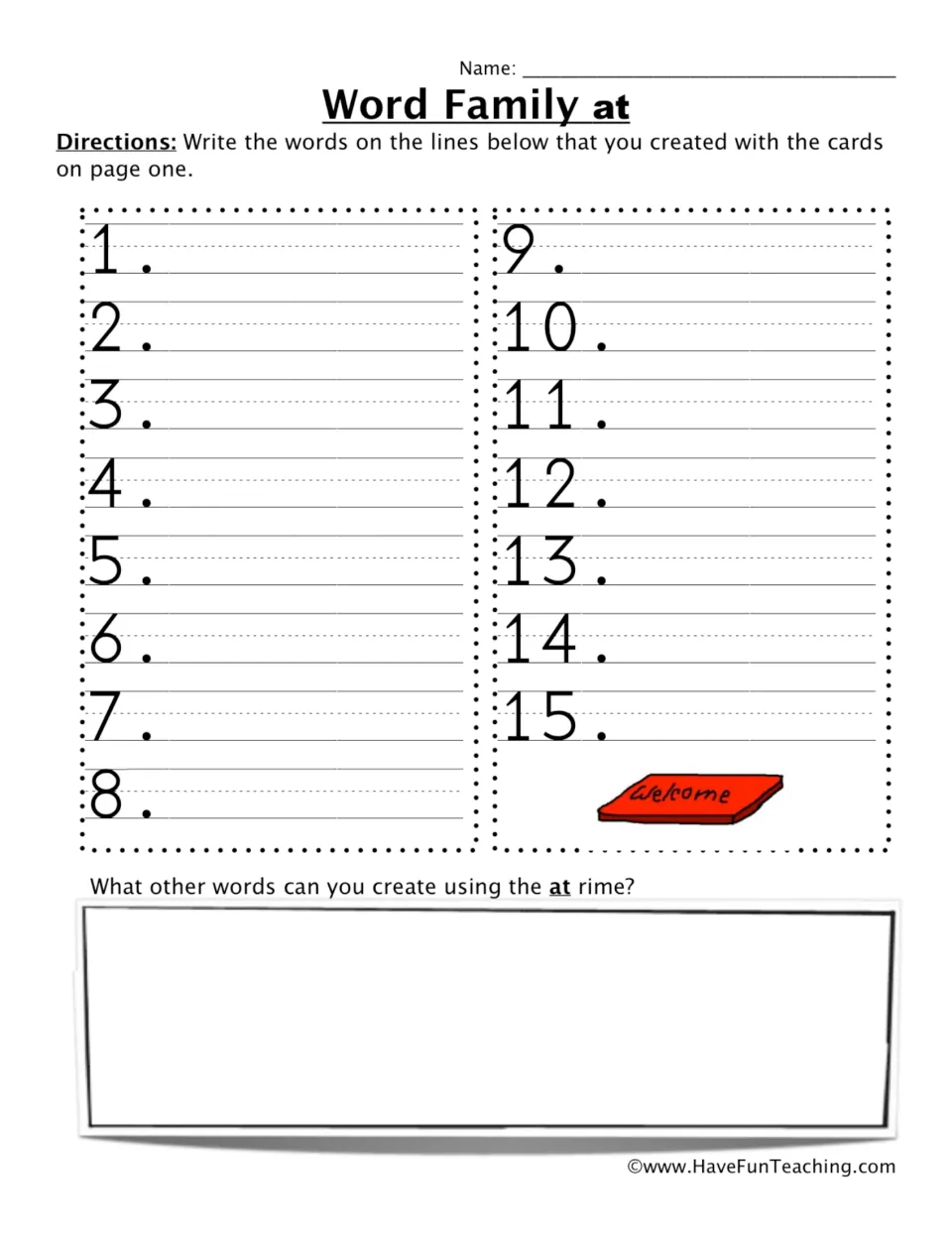 Recording sheet for the at rime: students write the 15 words built with page one's onset cards and add more of their own