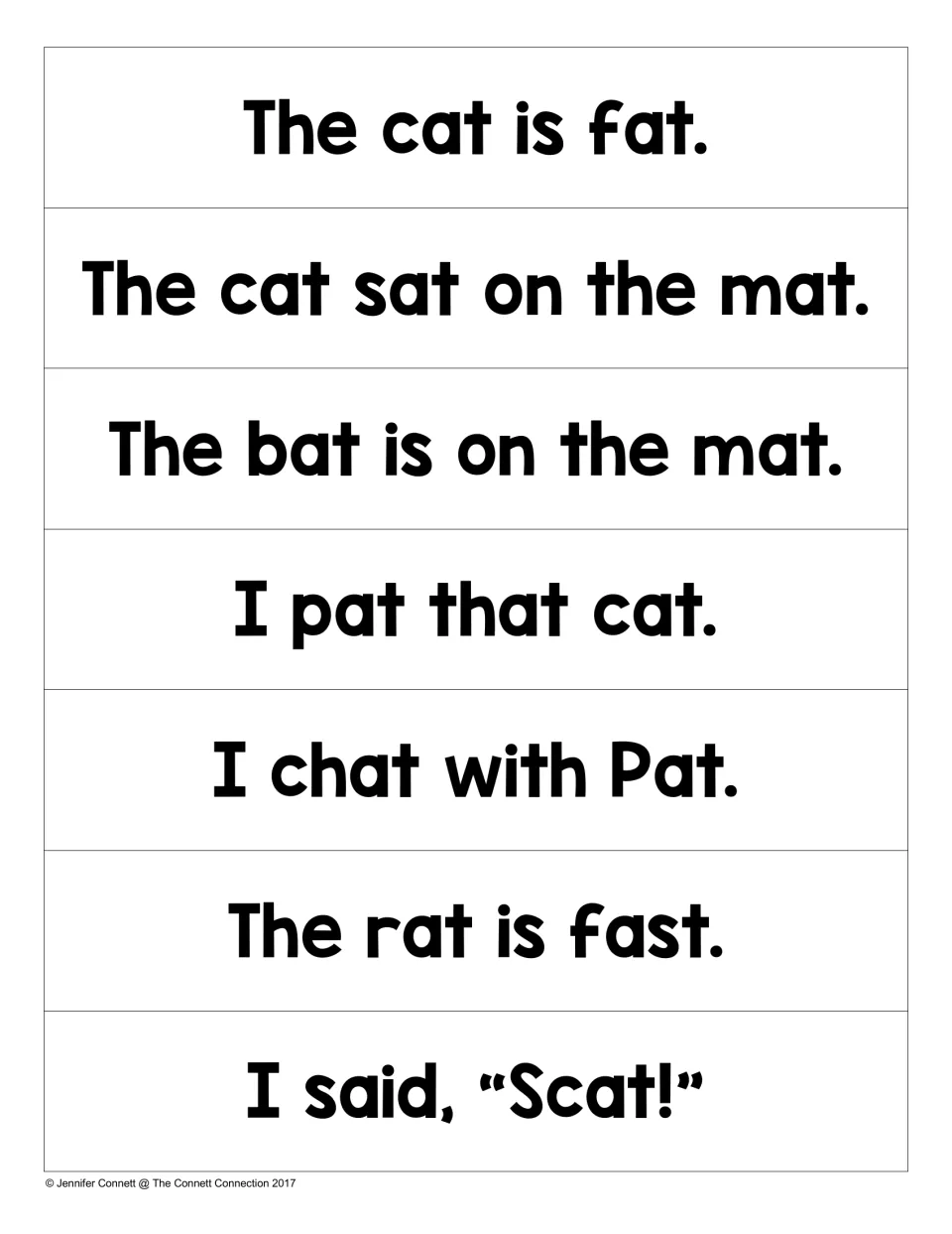 AT sentence strips: students read seven decodable sentences such as The cat sat on the mat and I chat with Pat