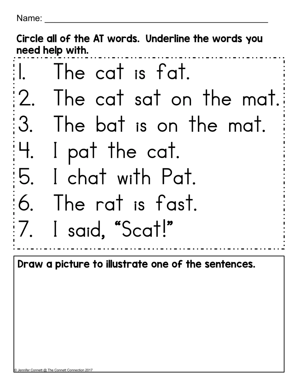 Circle the AT words: students mark -at words in seven numbered sentences, underline tricky words and draw one sentence
