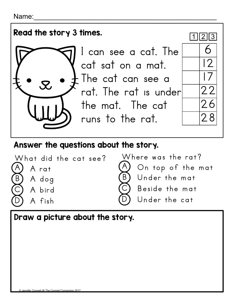 Cat and rat story: students read a 28-word passage three times, answer two multiple-choice questions and draw a picture