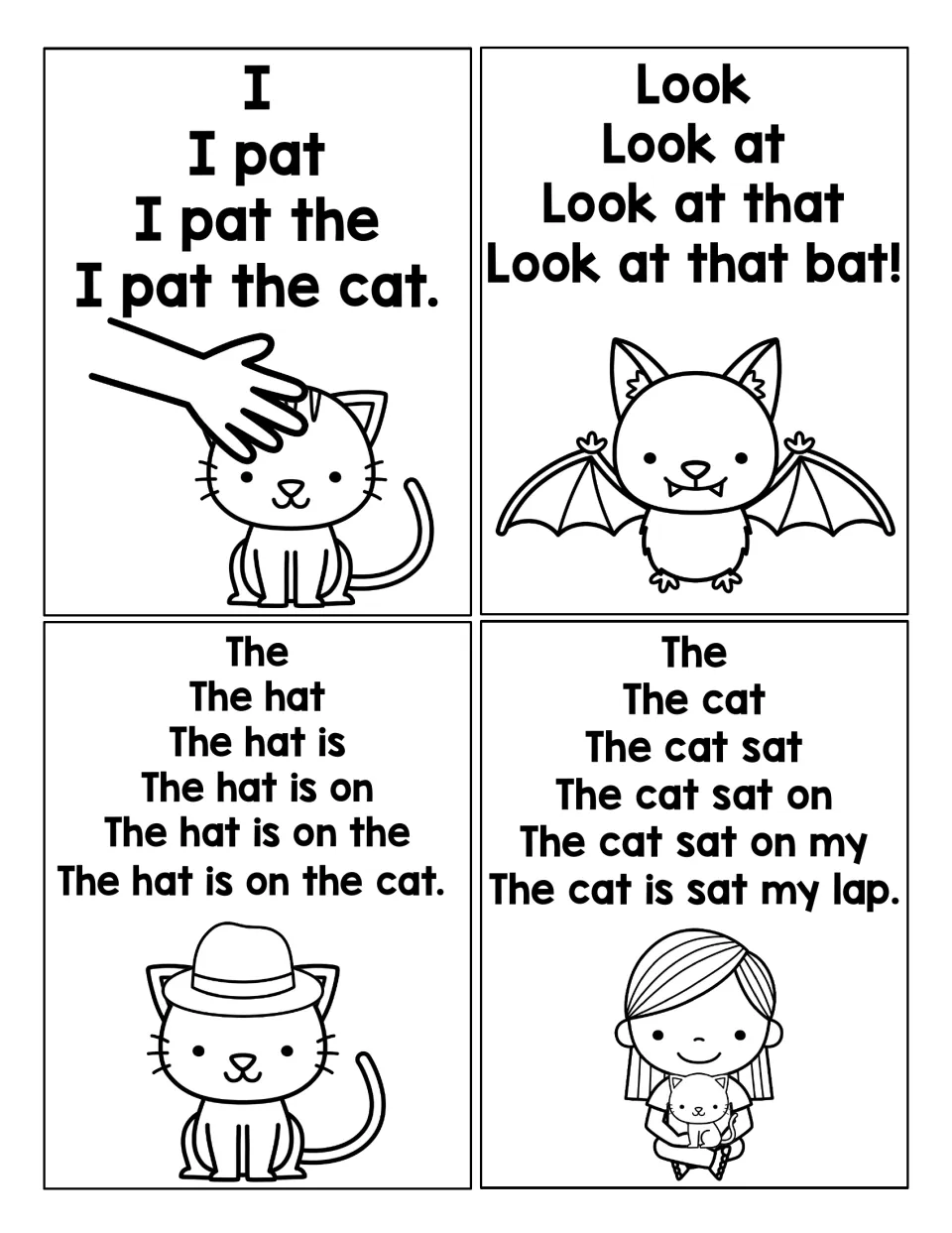 Sentence ladder cards: students read lines that grow one word at a time to I pat the cat. and Look at that bat!
