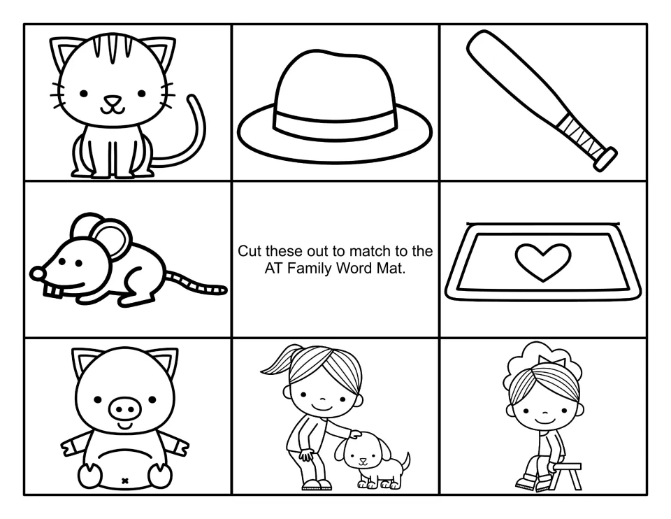 Black-and-white AT picture cards to cut out: cat, hat, bat, rat, mat, pig, girl patting a dog and girl on a stool
