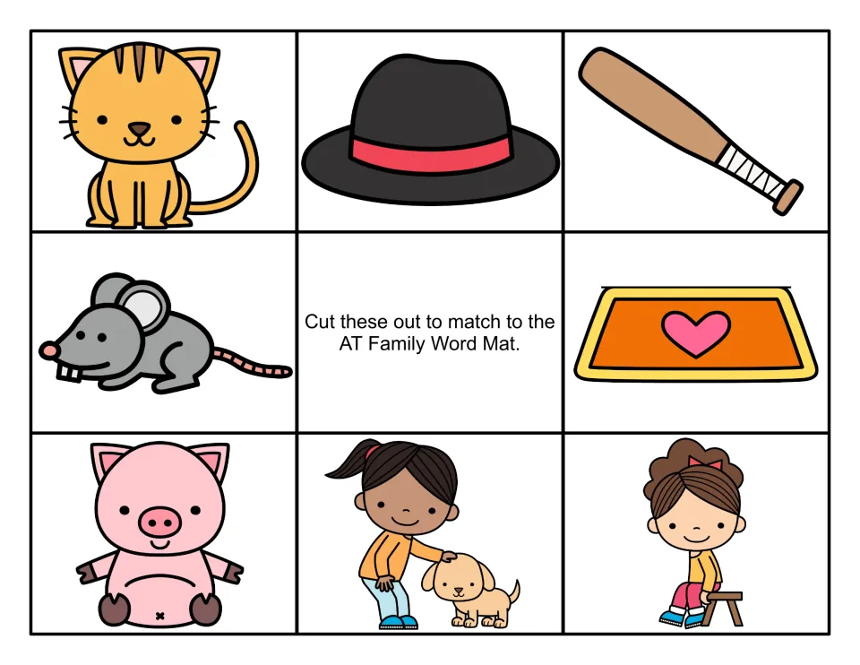 Color AT picture cards for the word mat: cat, hat, bat, rat, mat, fat pig, girl pats a dog, girl sat on a stool