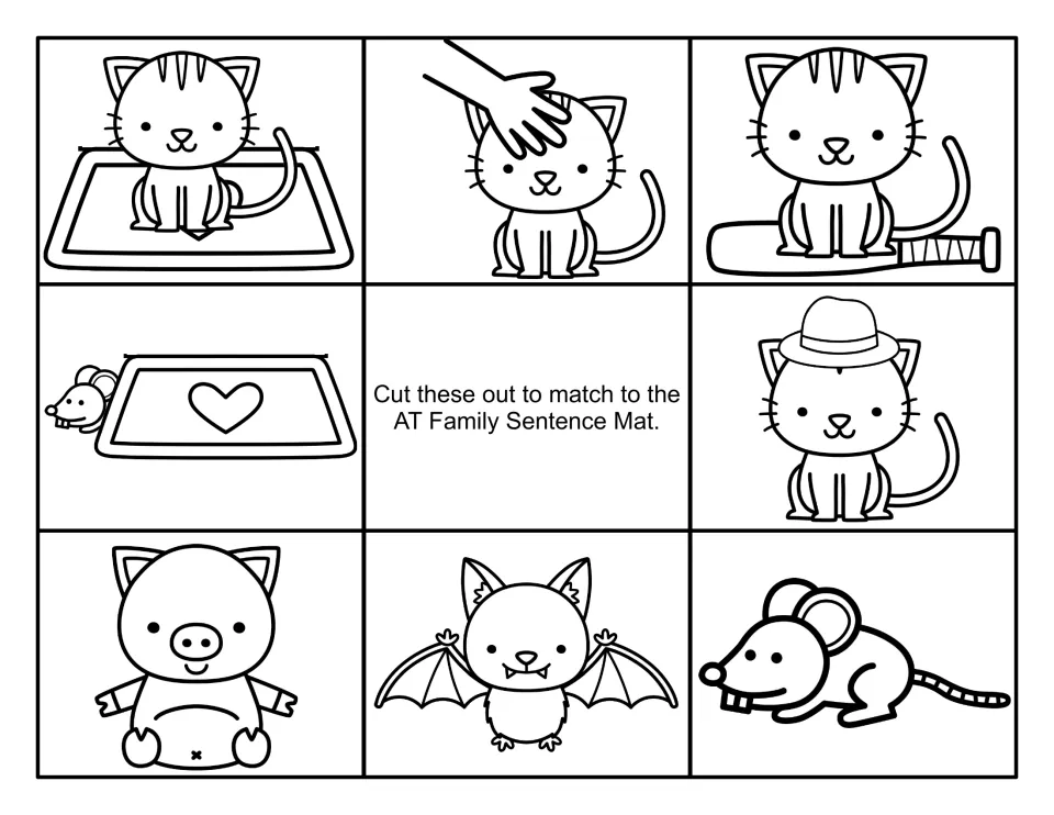 Black-and-white sentence picture cards: cat on a mat, cat in a hat, rat under a mat, a fat pig, a bat and a rat