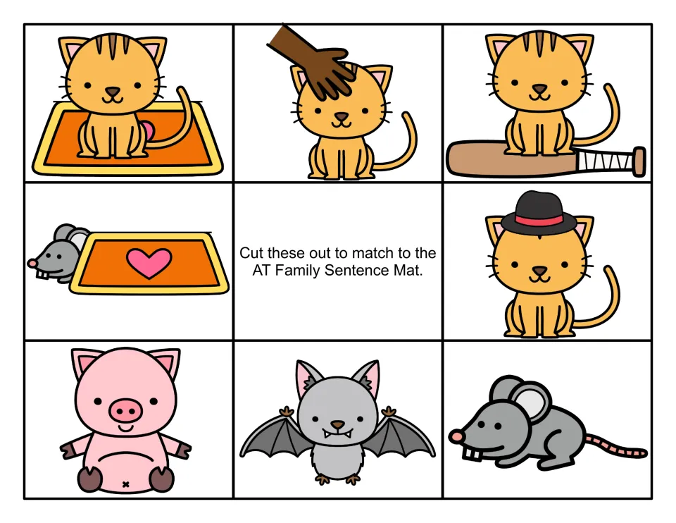 Color sentence scenes to cut out: a hand petting a cat, a kitten in a hat, a mouse by a mat, a fat pig and a bat