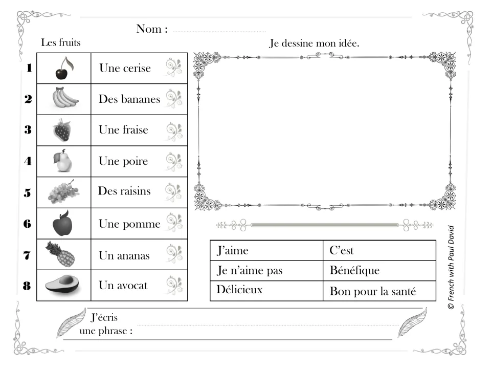 Les fruits: 8 pictured French fruit words, from une cerise to un avocat; students draw an idea and write a sentence