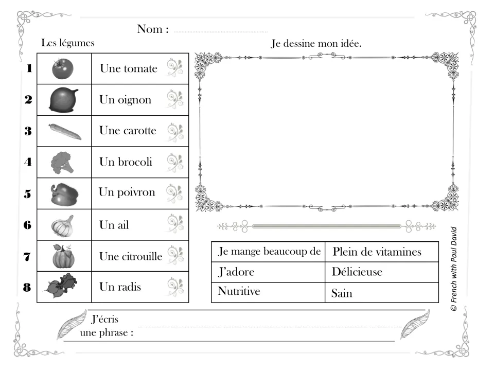 Les légumes: students read 8 vegetable names like une tomate and un radis, sketch an idea, then write a French sentence