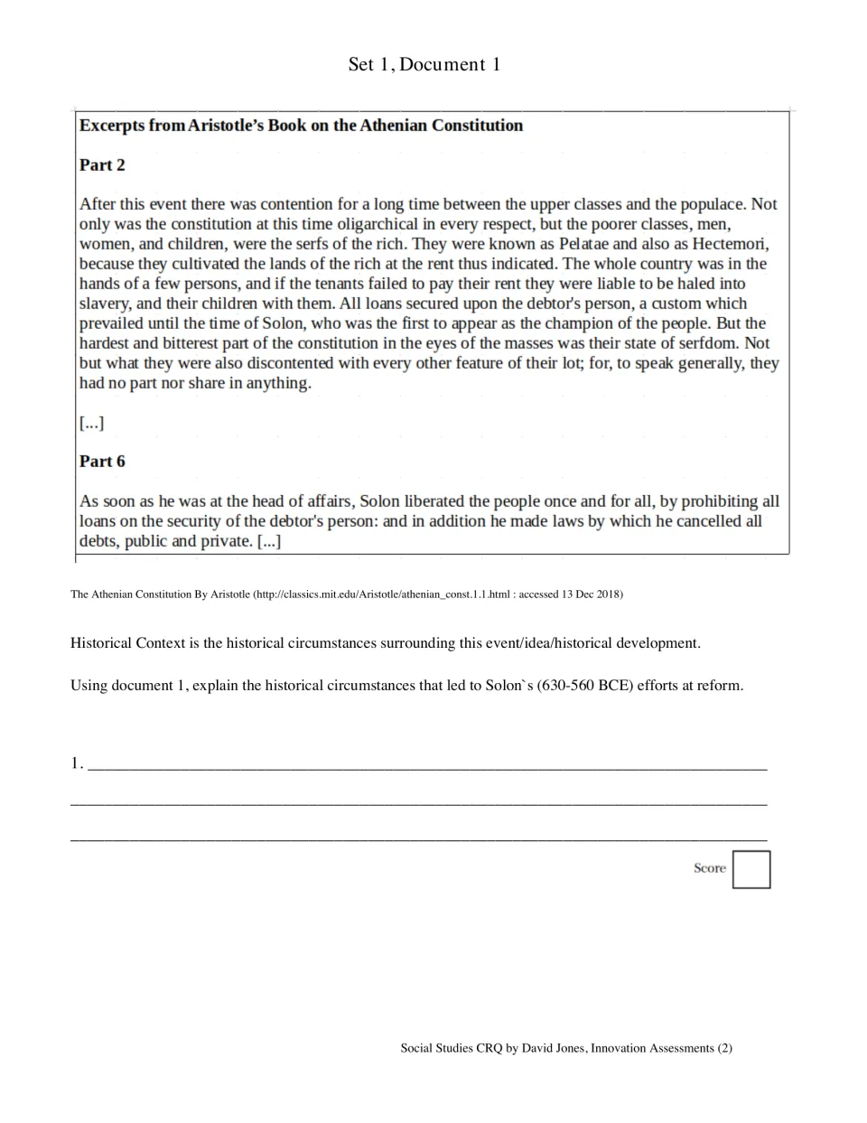 Solon's reforms: students read Aristotle's Athenian Constitution excerpt and explain the historical context behind them