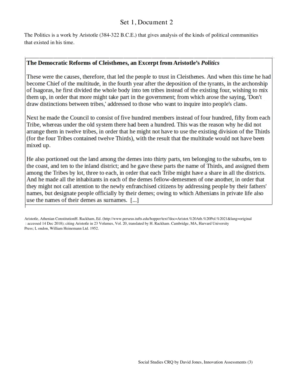 Cleisthenes' democratic reforms: students read Aristotle's Politics excerpt on the ten tribes and Council of 500