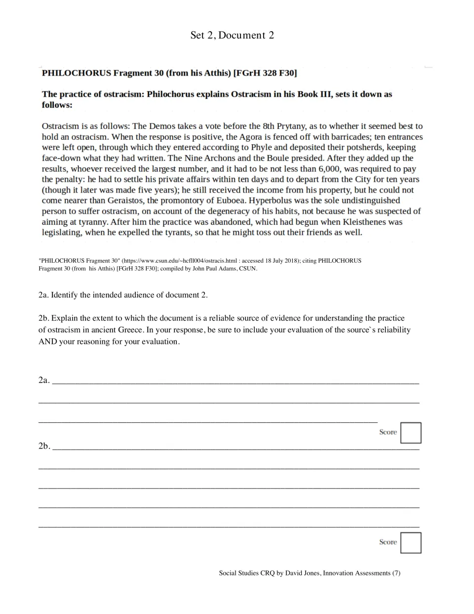 Ostracism in Greece: Philochorus Fragment 30, then students identify its intended audience and evaluate its reliability