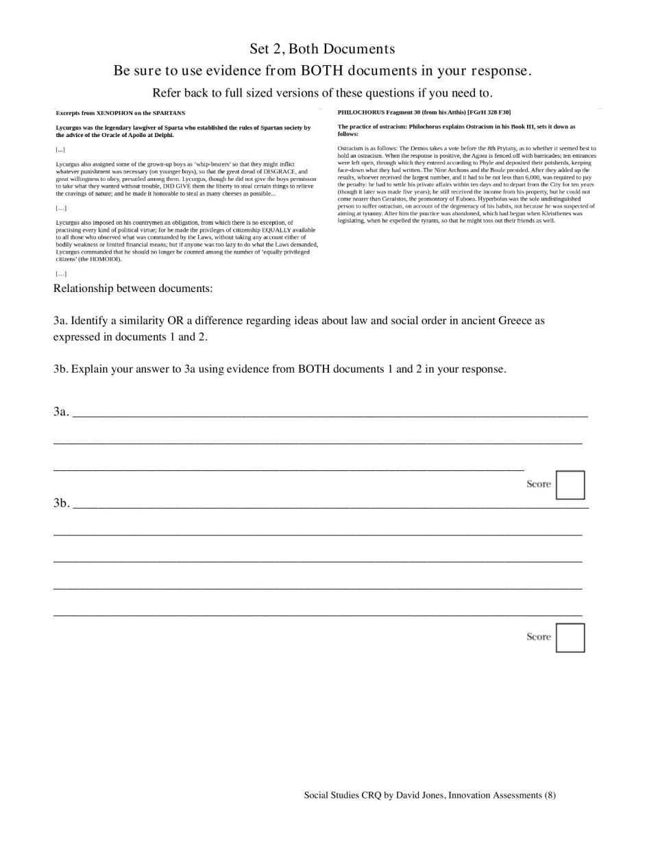 Comparing sources: students find a similarity or difference in ideas on law and social order using Xenophon and Philochorus