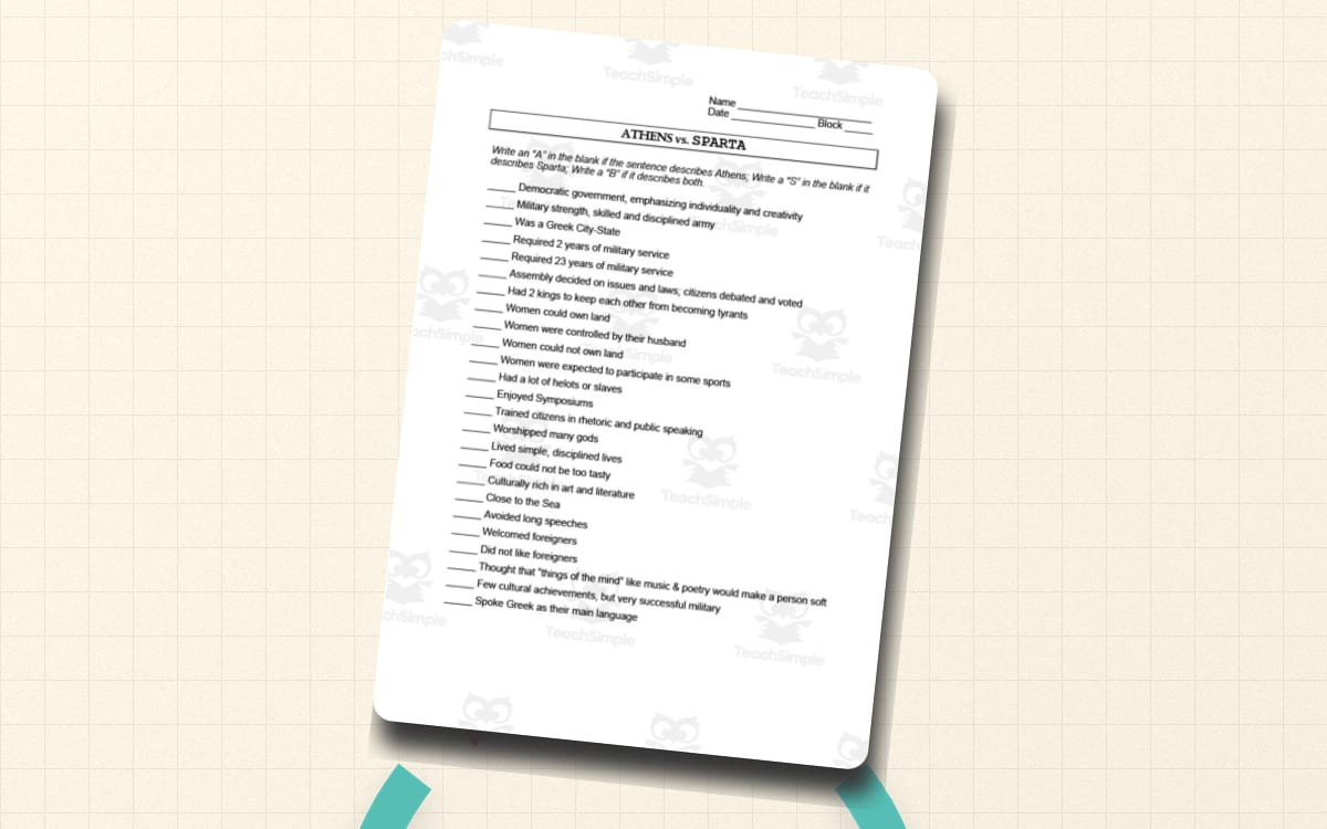 Athens vs. Sparta Worksheet preview: An Athens-Sparta-Both classification worksheet