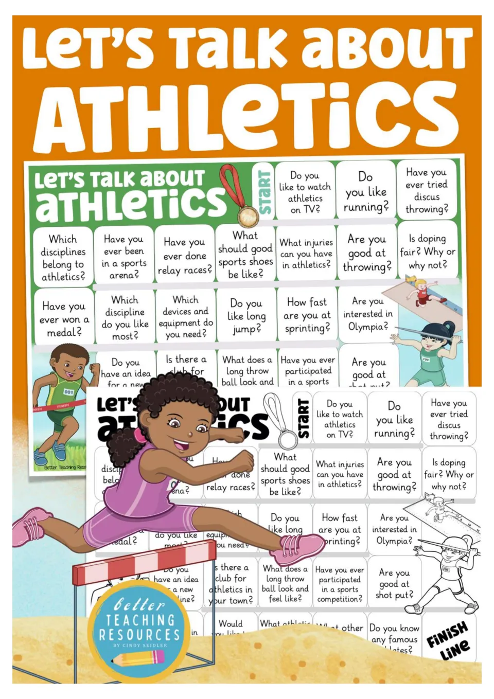 Cover of the Athletics Speaking Game showing previews of the color and black-and-white question boards