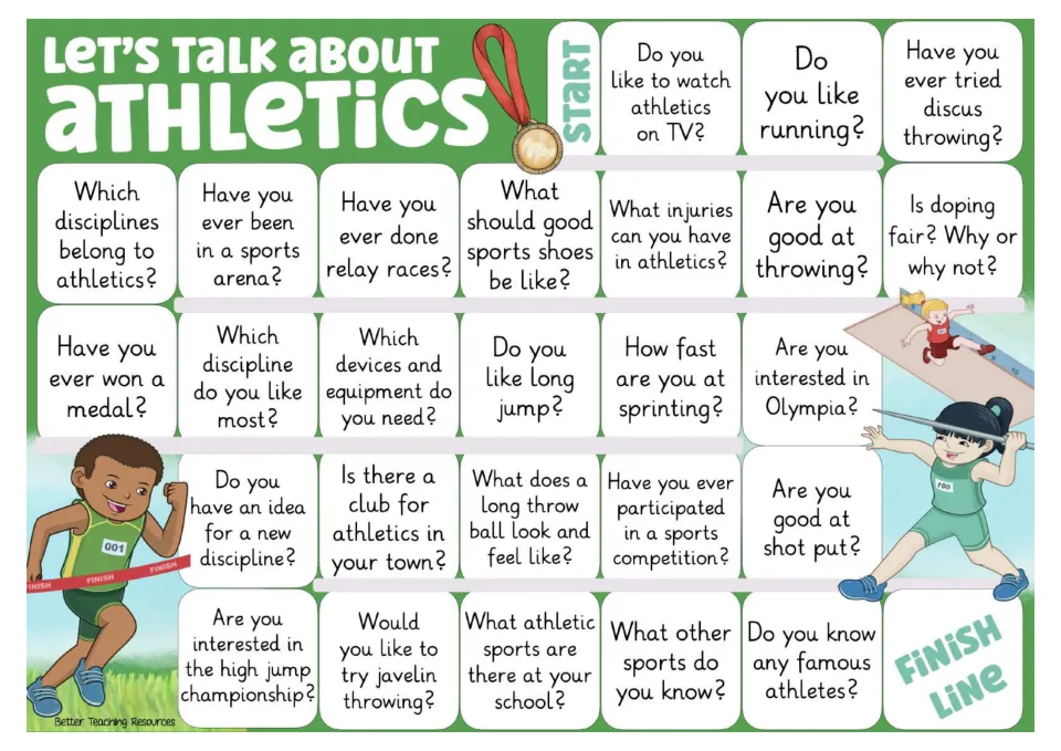 Color speaking game board with 26 athletics prompts about running, relay races, equipment, medals, and doping