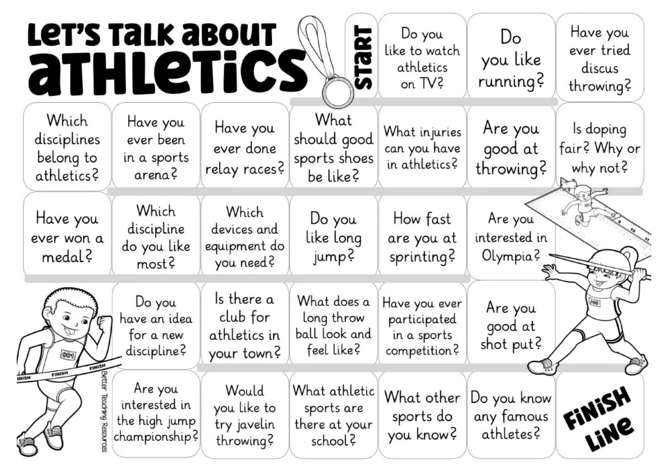 Black-and-white speaking game board repeating the 26 prompts about athletics, including javelin and shot put