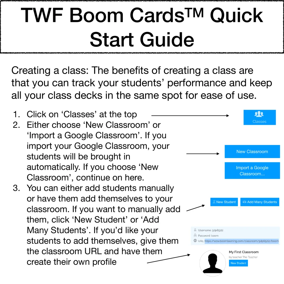 Quick start guide instructions for creating a class, importing Google Classroom, and adding students.