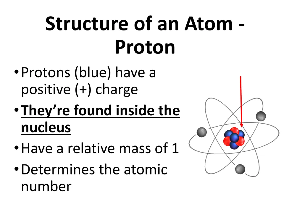 Proton notes: blue protons carry a positive charge, sit inside the nucleus, have relative mass 1 and set the atomic number