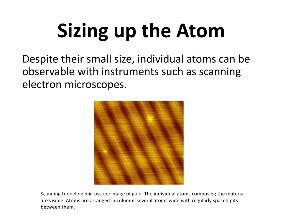 Observing atoms: atoms can be seen with microscopes, shown by a scanning tunneling microscope image of gold